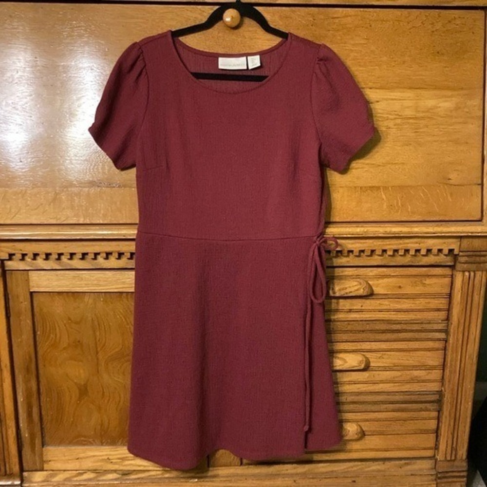 Cynthia Rowley Womens Burgundy Wrap Dress Short Puff Sleeve Textured Wine Size L